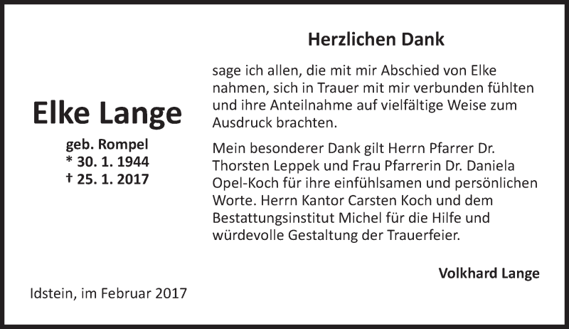  Traueranzeige für Elke Lange vom 18.02.2017 aus Trauerportal Rhein Main Presse