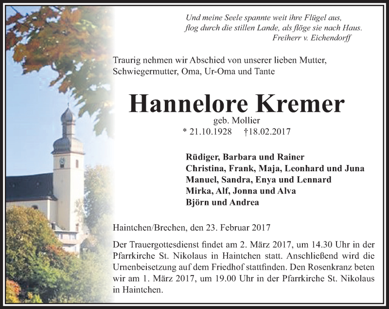  Traueranzeige für Hannelore Kremer vom 23.02.2017 aus  Camberger Anzeiger