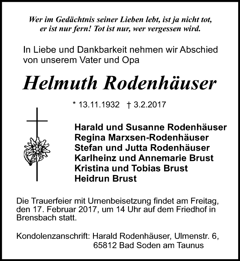  Traueranzeige für Helmuth Rodenhäuser vom 15.02.2017 aus Trauerportal Echo Online