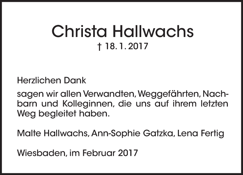  Traueranzeige für Christa Hallwachs vom 25.02.2017 aus Trauerportal Rhein Main Presse