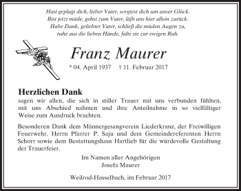 Traueranzeige von Franz Maurer von  Camberger Anzeiger