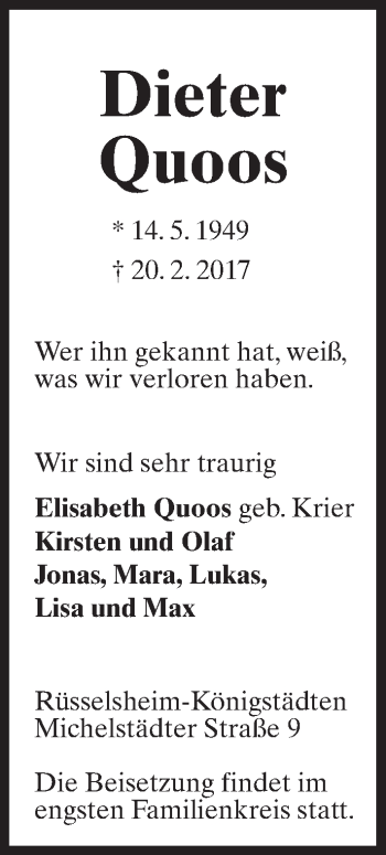 Traueranzeige von Dieter Quoos von Trauerportal Rhein Main Presse