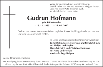 Traueranzeige von Gudrun Hofmann von Trauerportal Rhein Main Presse