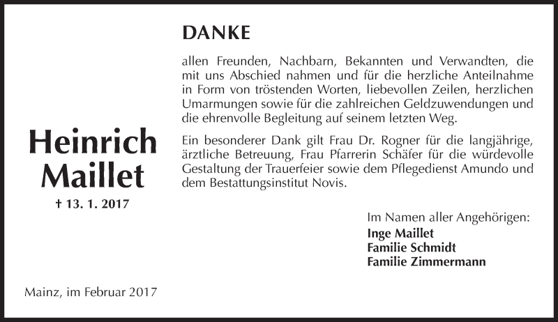  Traueranzeige für Heinrich Maillet vom 25.02.2017 aus Trauerportal Rhein Main Presse