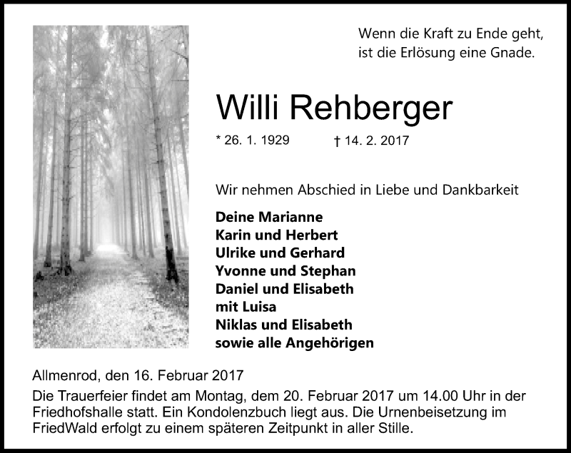  Traueranzeige für Willi Rehberger vom 16.02.2017 aus VRM Trauer