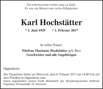 Traueranzeige von Karl Hochstätter von Trauerportal Rhein Main Presse