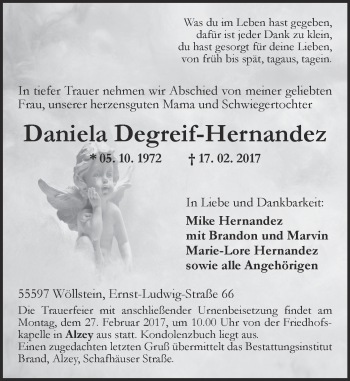 Traueranzeige von Daniela Degreif-Hernandez von Trauerportal Rhein Main Presse