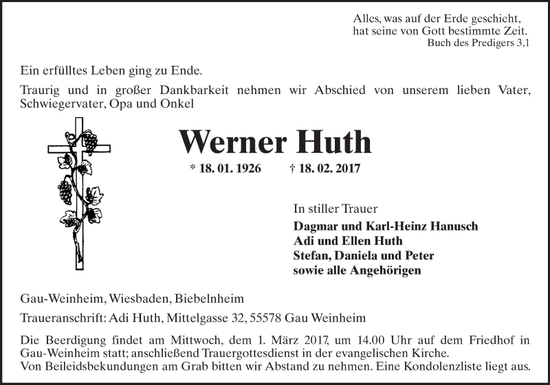  Traueranzeige für Werner Huth vom 25.02.2017 aus Trauerportal Rhein Main Presse