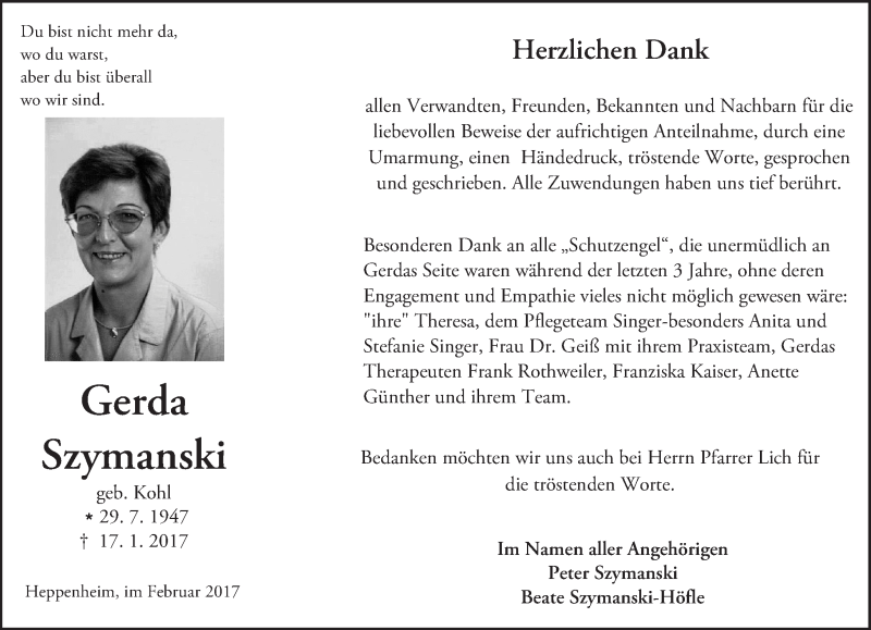  Traueranzeige für Gerda Szymanski vom 18.02.2017 aus Trauerportal Echo Online