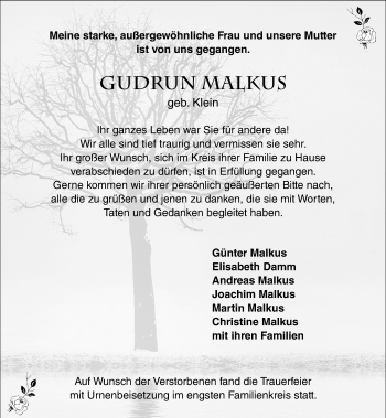 Traueranzeige von Gudrun Malkus von VRM Trauer