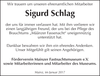 Traueranzeige von Sigurd Schlag von Trauerportal Rhein Main Presse