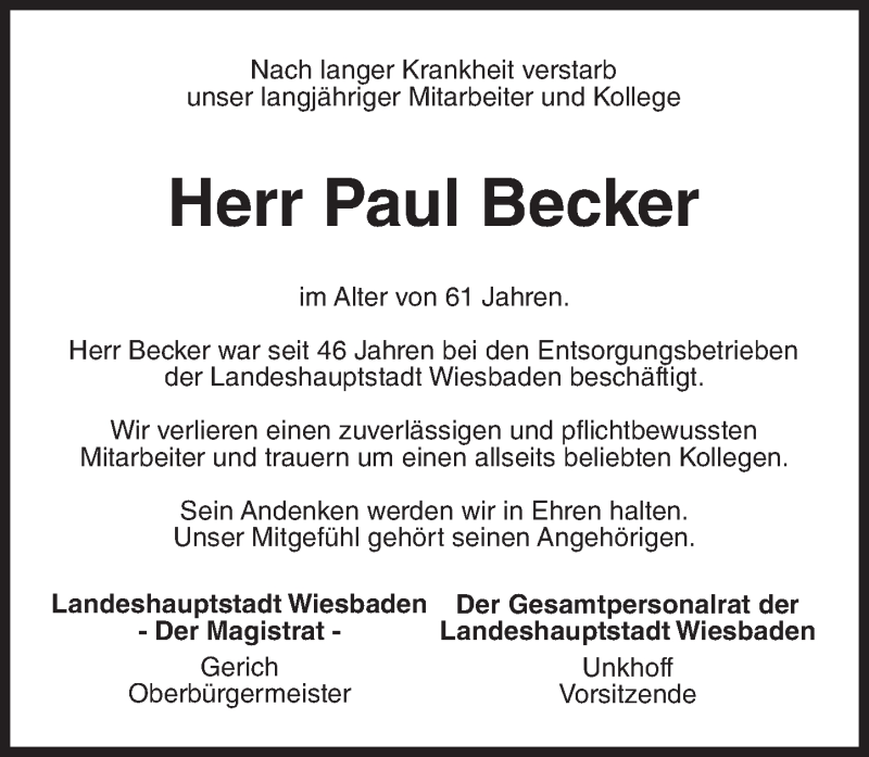 Traueranzeige für Paul Becker vom 11.02.2017 aus Trauerportal Rhein Main Presse