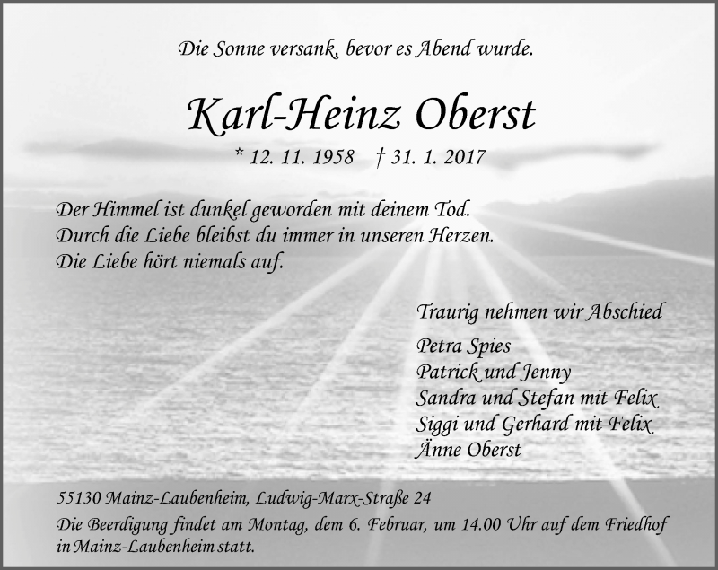  Traueranzeige für Karl-Heinz Oberst vom 04.02.2017 aus Trauerportal Rhein Main Presse