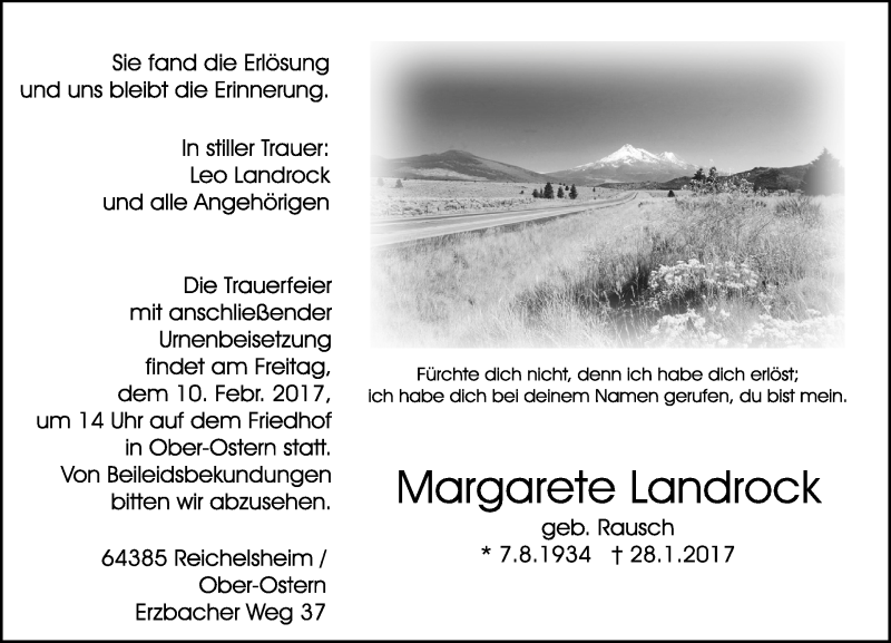  Traueranzeige für Margarete Landrock vom 08.02.2017 aus Trauerportal Echo Online