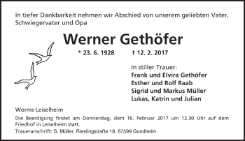 Traueranzeige von Werner Gethöfer von Trauerportal Rhein Main Presse