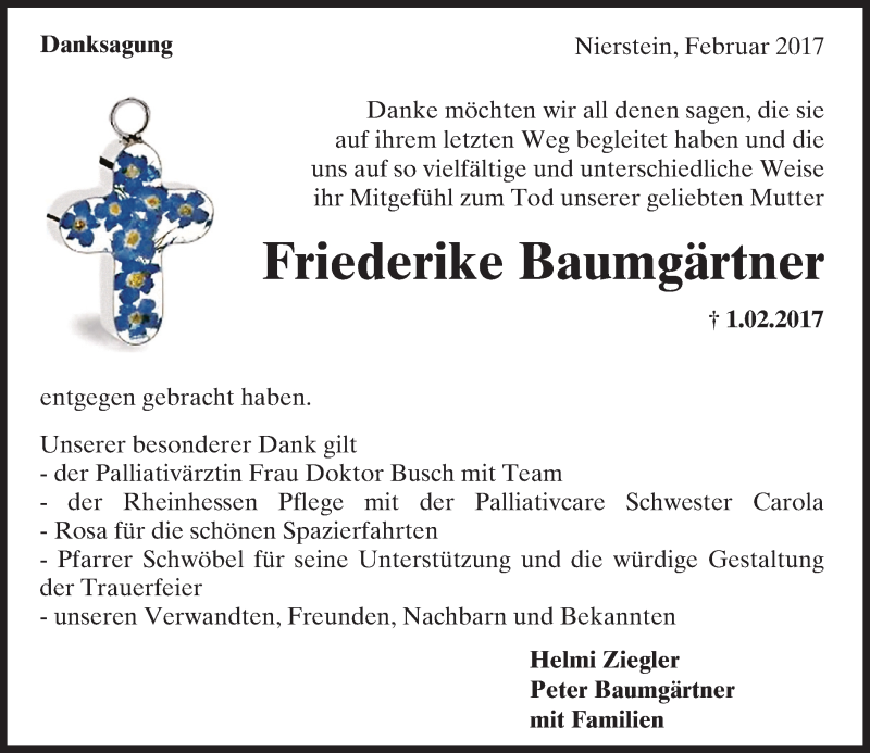  Traueranzeige für Friederike Baumgärtner vom 25.02.2017 aus Trauerportal Rhein Main Presse