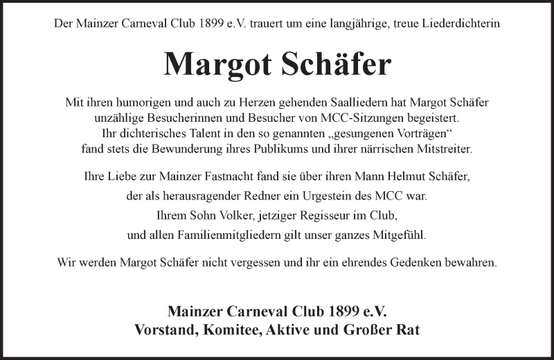  Traueranzeige für Margot Schäfer vom 23.02.2017 aus Trauerportal Rhein Main Presse