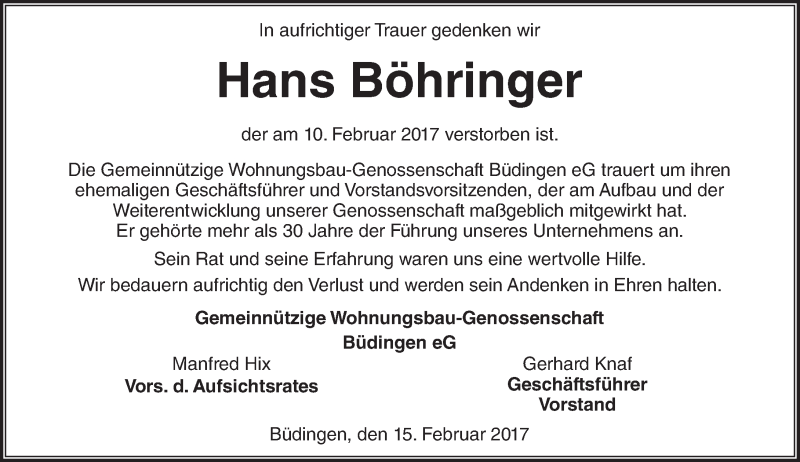  Traueranzeige für Hans Böhringer vom 15.02.2017 aus  Kreisanzeiger