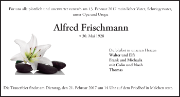 Traueranzeige von Alfred Frischmann von Trauerportal Echo Online