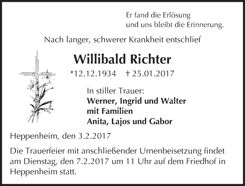  Traueranzeige für Willibald Richter vom 03.02.2017 aus Trauerportal Echo Online