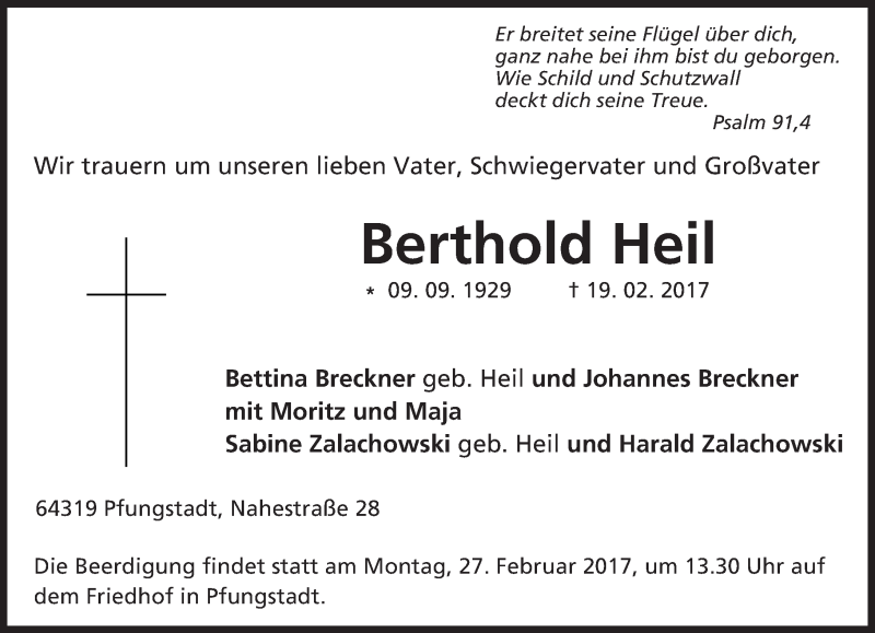  Traueranzeige für Berthold Heil vom 25.02.2017 aus Trauerportal Echo Online