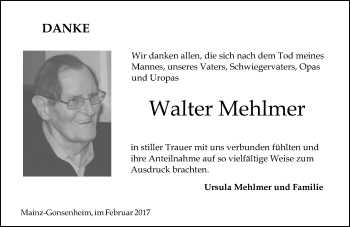 Traueranzeige von Walter Mehlmer von Trauerportal Rhein Main Presse