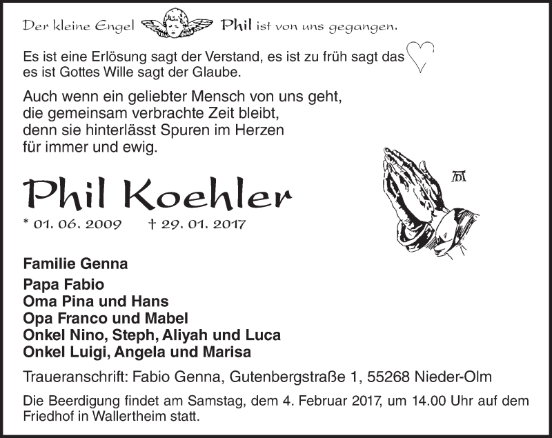  Traueranzeige für Phil Koehler vom 01.02.2017 aus Trauerportal Rhein Main Presse