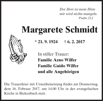 Traueranzeige von Margarete Schmidt von Trauerportal Echo Online