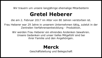 Traueranzeige von Gretel Heberer von Trauerportal Echo Online