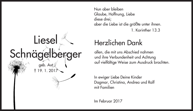  Traueranzeige für Liesel Schnägelberger vom 25.02.2017 aus Trauerportal Echo Online