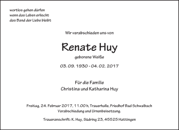 Traueranzeige von Renate Huy von Trauerportal Rhein Main Presse