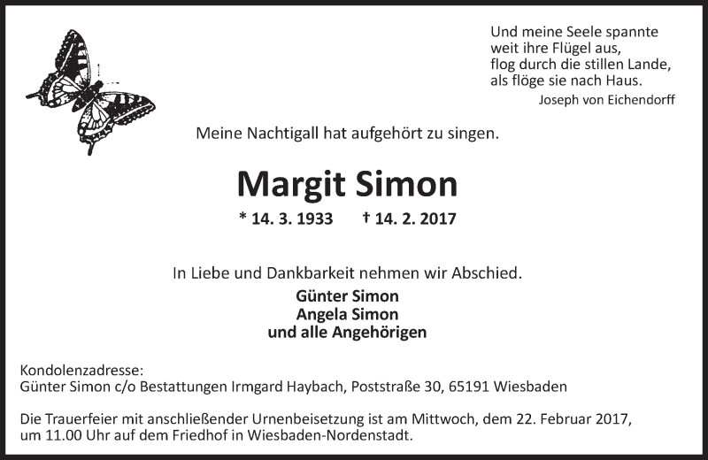  Traueranzeige für Margit Simon vom 18.02.2017 aus Trauerportal Rhein Main Presse