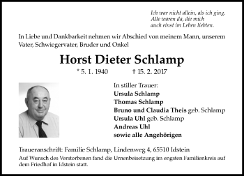 Traueranzeige von Horst Dieter Schlamp von Trauerportal Rhein Main Presse