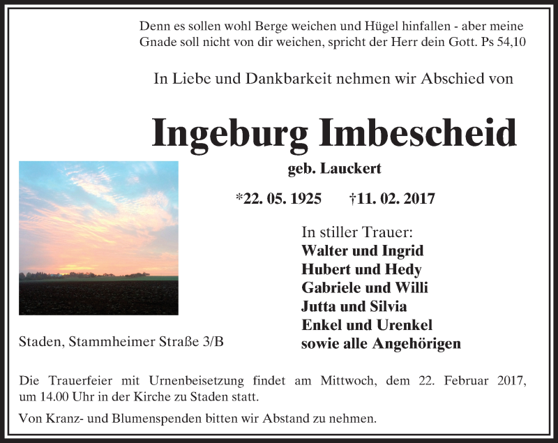  Traueranzeige für Ingeburg Imbescheid vom 18.02.2017 aus  Kreisanzeiger