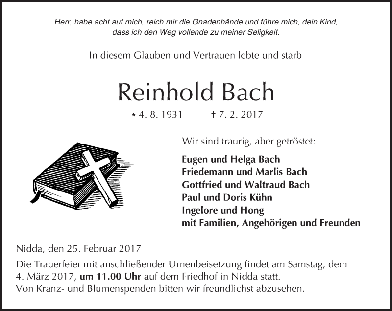  Traueranzeige für Reinhold Bach vom 25.02.2017 aus  Kreisanzeiger