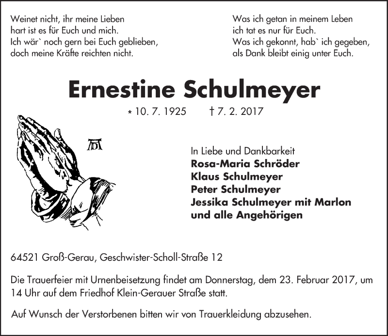 Traueranzeige für Ernestine Schulmeyer vom 18.02.2017 aus Trauerportal Echo Online