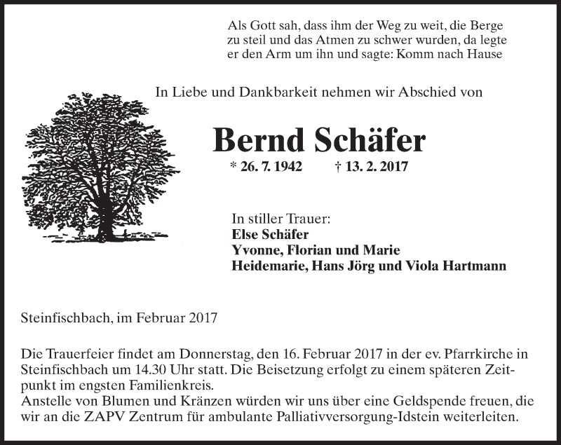  Traueranzeige für Bernd Schäfer vom 15.02.2017 aus Trauerportal Rhein Main Presse