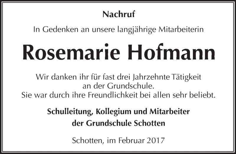  Traueranzeige für Rosemarie Hofmann vom 23.02.2017 aus  Kreisanzeiger