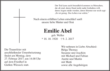 Traueranzeige von Emilie Abel von  Gießener Anzeiger