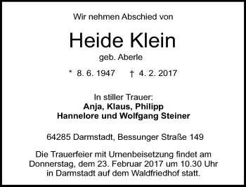 Traueranzeige von Heide Klein von Trauerportal Echo Online