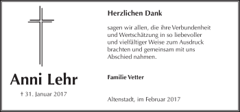 Traueranzeige von Anni Lehr von  Kreisanzeiger