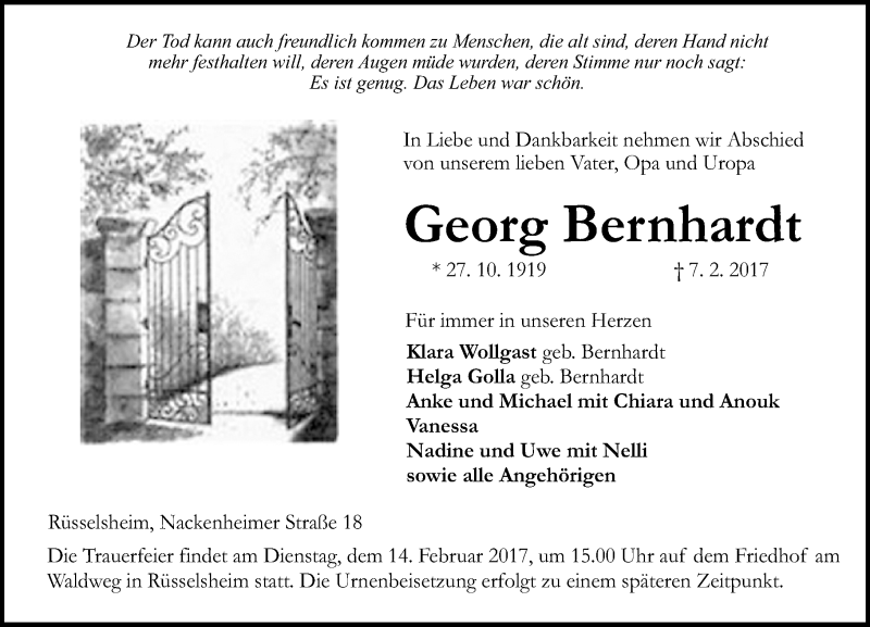  Traueranzeige für Georg Bernhardt vom 11.02.2017 aus Trauerportal Rhein Main Presse