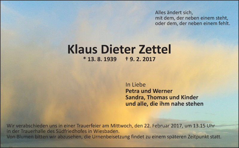  Traueranzeige für Klaus Dieter Zettel vom 18.02.2017 aus Trauerportal Rhein Main Presse