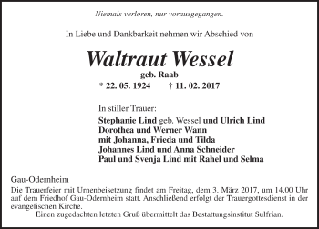 Traueranzeige von Waltraut Wessel von Trauerportal Rhein Main Presse