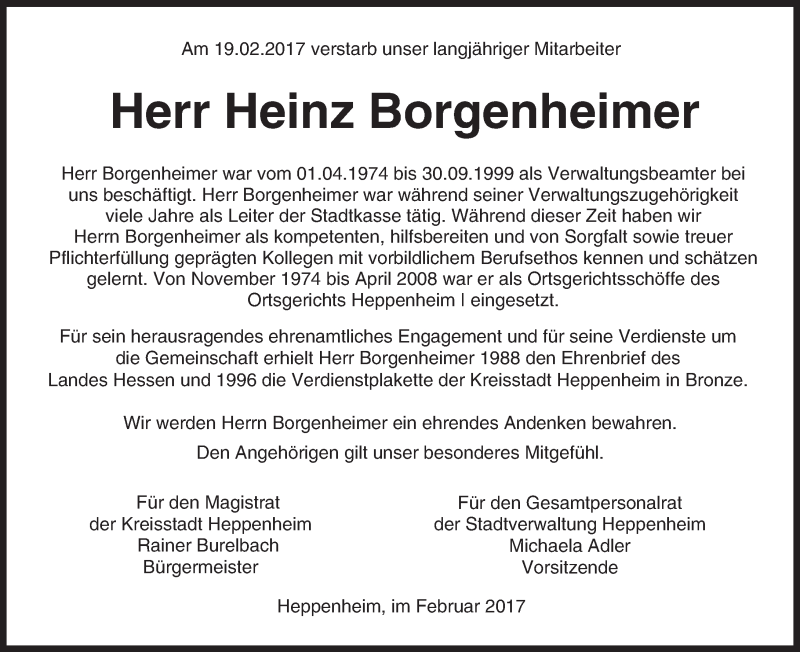  Traueranzeige für Heinz Borgenheimer vom 25.02.2017 aus Trauerportal Echo Online