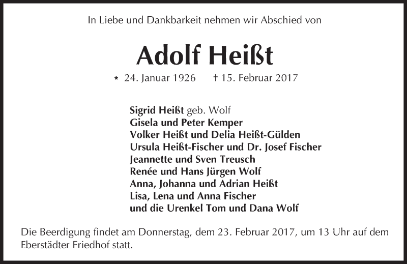  Traueranzeige für Adolf Heißt vom 18.02.2017 aus Trauerportal Echo Online