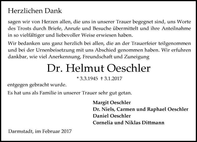  Traueranzeige für Helmut Oeschler vom 11.02.2017 aus Trauerportal Echo Online