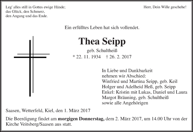  Traueranzeige für Thea Seipp vom 01.03.2017 aus  Gießener Anzeiger