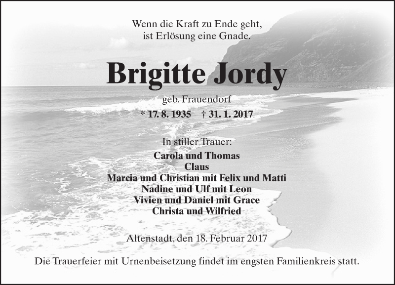  Traueranzeige für Brigitte Jordy vom 18.02.2017 aus  Kreisanzeiger
