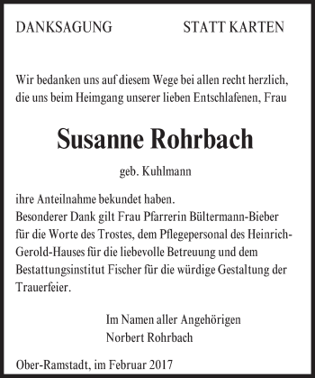Traueranzeige von Susanne Rohrbach von Trauerportal Echo Online